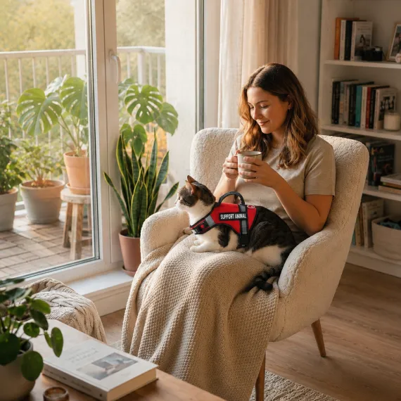 A woman relaxing in an armchair at home with a coffee, her cat resting in her lap